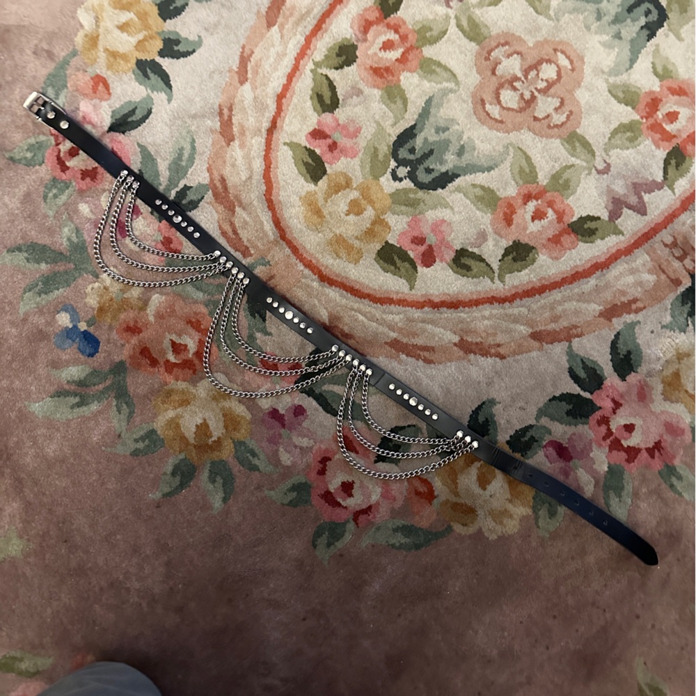 Vintage rocker style Black leather belt with chains, small